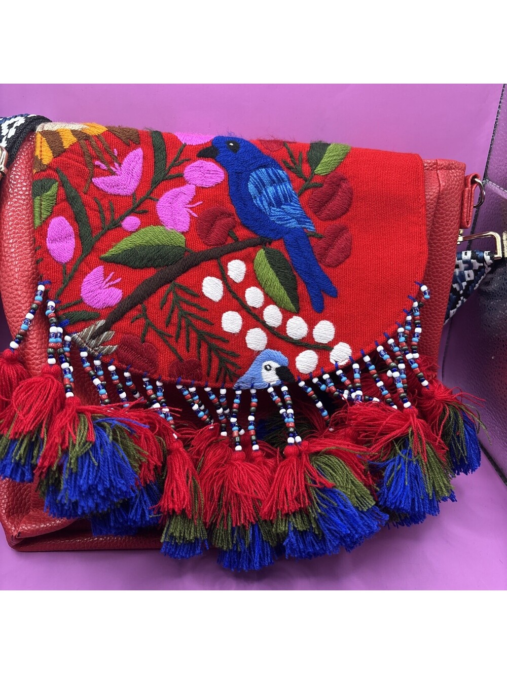 Red Leather Crossbody Bag with Embroidered Bird Flap and Bej